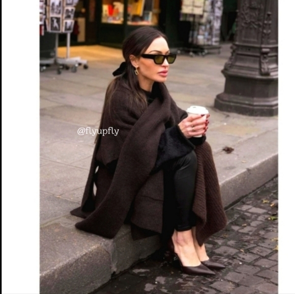 ZARA Cardigan Coat Cape Scarf Brown size S and M - Picture 5 of 16